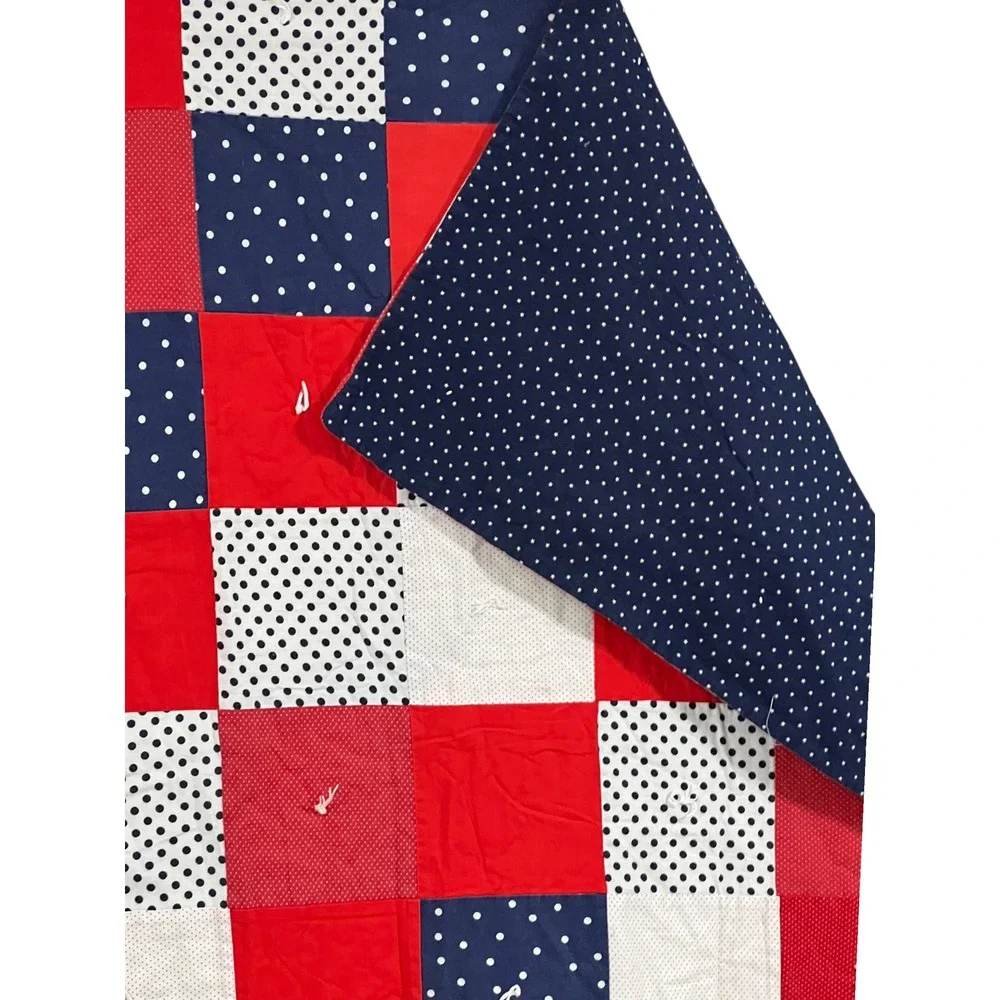Handmade Reversible Red White Navy Patchwork Twin Quilt 52x82